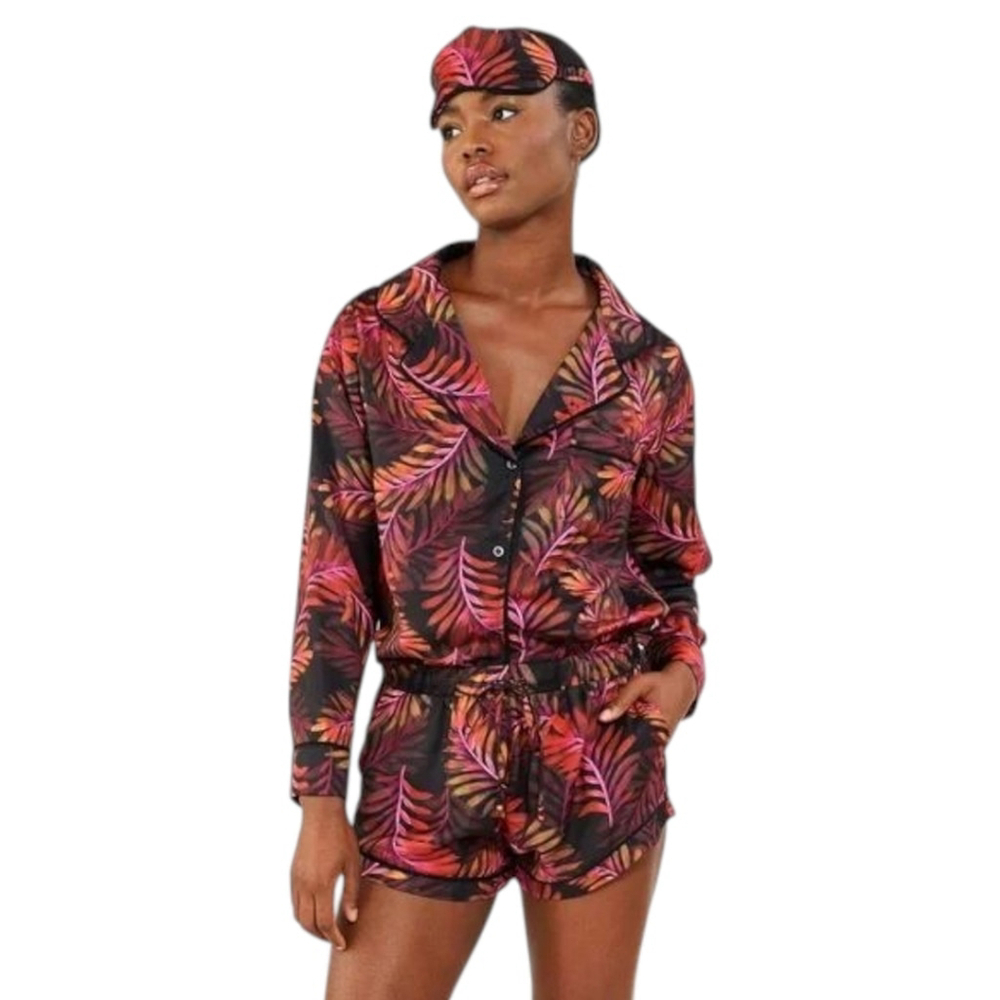 Plush NWT Faux Silk Neon Palm PJ Set + Eye Mask XS Bright Tropical Sleepwear